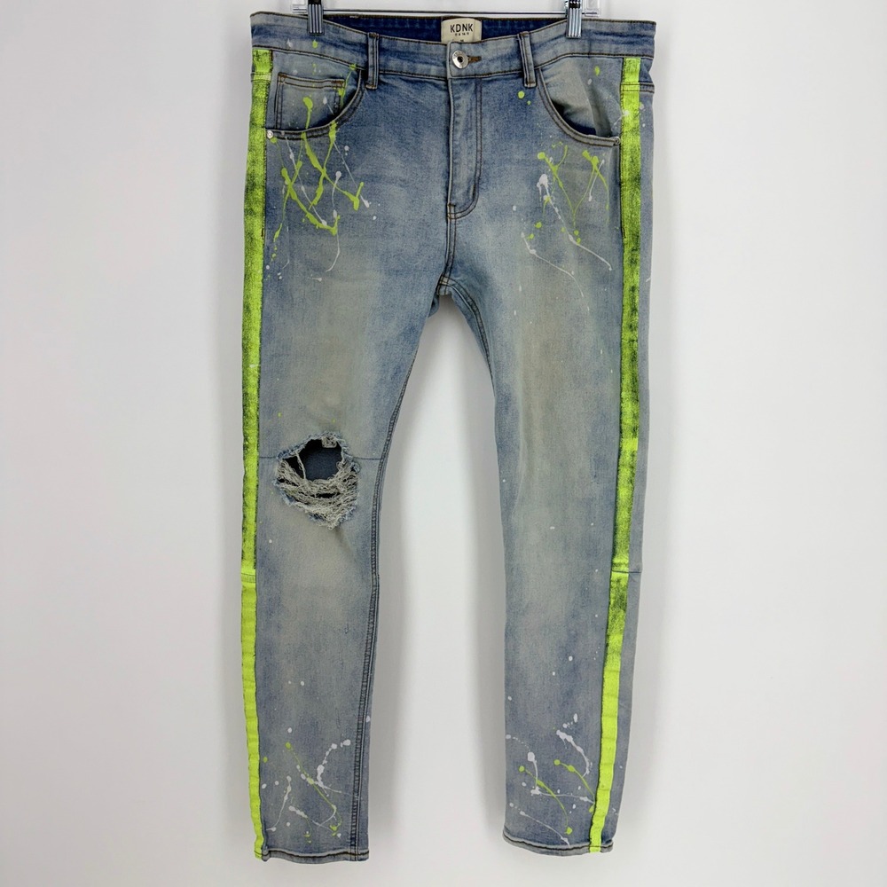 KDNK Men Distressed Jeans Neon Paint Splatter Ripped Skinny Stripe‎ Size 36x30